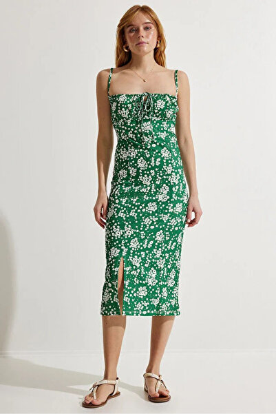 Toridas Rochie midi verde cu imprimeu floral și șliț