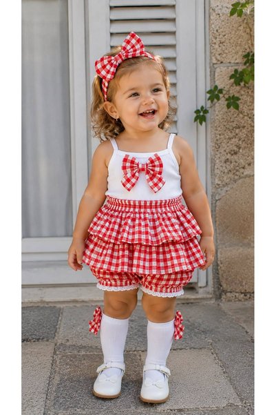 TREND NATURAL Baby Girl 4-Piece Summer Set Cotton Badi Ruffle Shorts Skirt Hair Band and Socks Pink Red Blue