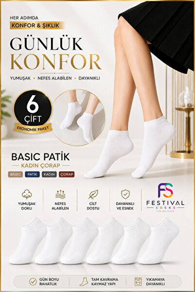 Festival Socks 6 أزواج من الجوارب النسائية البيضاء الأساسية، جوارب رياضية يوم...