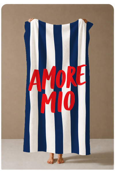 milroma Navy Blue Stripe Red Text Patterned 70X150 Beach Towel