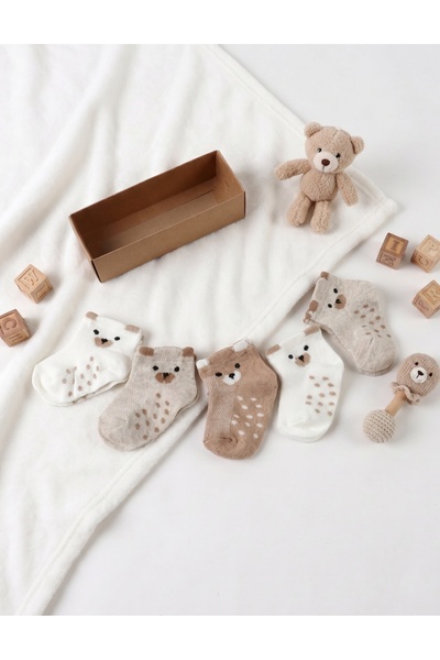 MiniKids Σετ 6 ζευγαριών κάλτσες αρκουδάκι, λευκό-μπεζ-καφέ