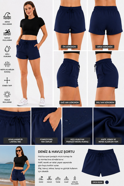 winmoda Women's Pool Swim Shorts Black with Pockets and Elastic Waist