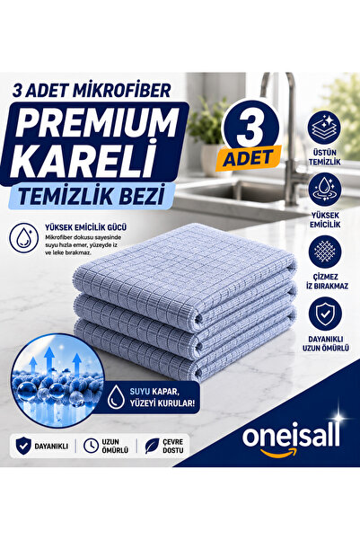 oneisall 3'lü Premium Kareli Mikrofiber Temizlik Bezi 40x40 cm Yüksek Emici İ...