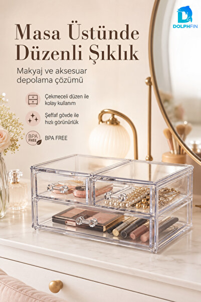 DolphFin 3 Çekmeceli Şeffaf Kozmetik Organizer Makyaj Takı Ruj Oje Pamuk Düze...