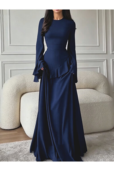 Take Two By Styli Navy Blue Ruffle Detail Bell Sleeves Maxi Dress