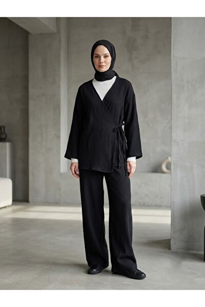 Foremia Side-Tie Muslin Set-Black