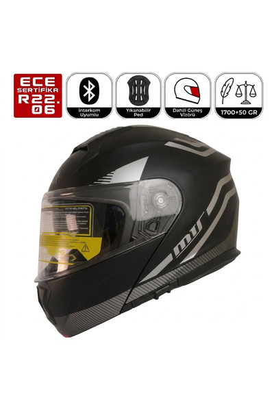 MTS M966 V2 WX20 Gri Motosiklet Kaskı Güneş Vizörlü Çene Açılır Motorcu Kask