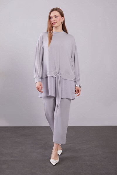 Levidor Gray Tulle Detailed Stoned Double Set
