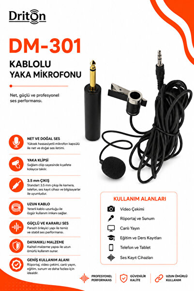 DRİTON DM-301 KABLOLU 6 METRE SİYAH YAKA MİKROFONU