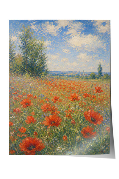 Zestia Poster inspirat de Monet cu câmpuri de mac, peisaj impresionist, fără ...