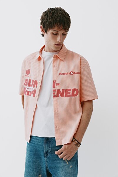 Pull & Bear Şeftali tonlu yazılı çizgili gömlek