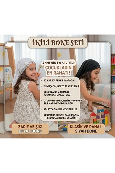 tayuya İkili Set Kız Çocuk Esnek Viskon Üçgen Bone SİYAH /BEYAZ 2-9 Yaş Gül T...