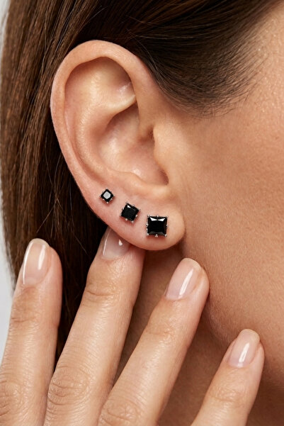 Elika Silver Square Model Black Zircon Stone 3-Piece Earring Set