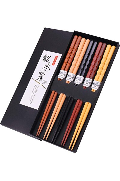 valkyrie 5 Pairs Natural Wood Japanese Chopsticks Set 22.4cm Non-Slip Hand Ca...