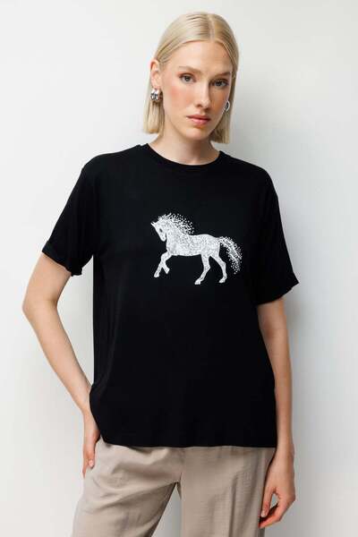 on Horse Printed Crew Neck T-Shirt