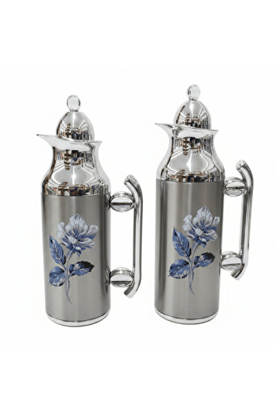 MAHRA Vacuum Flask Set | 1 L + 0.7 L | Silver Floral Edition