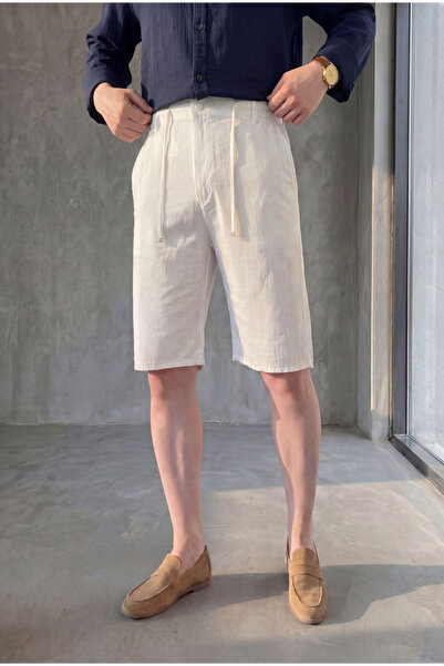 MENOFOURSWEAR Erkek Bel Bağcıklı Regular Fit Old Money Pamuklu Keten Dokuma Şort