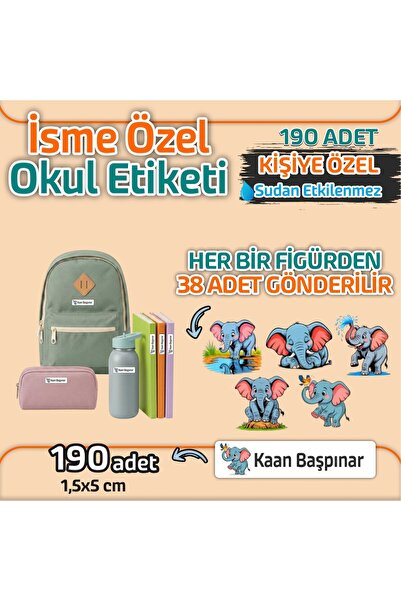 Kapbirhediye Okul Etiketi Isme Özel Kalem Defter Etiketi FİL Temalı 190 Adet