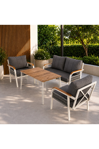 UFUK HOME Defne 211 Masalı Krem Makrome Örgülü Bahçe Balkon Takımı Teras Otur...