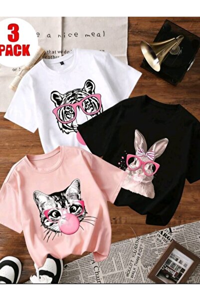 STİL-X New Season 3-Piece Set Girls' T-Shirt, Multi-Color, 100% Cotton