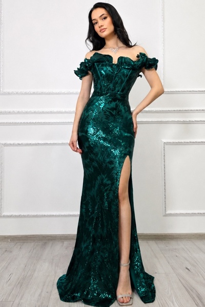 FashionForYou Βραδινό μακρύ φόρεμα Velary, με παγιέτες και βολάν, Σμαραγδί Πρ...