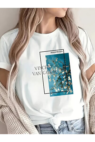 STITCHLY تي شيرت نسائي بأكمام قصيرة مع طباعة فنية لفان جوخ، خفيف الوزن ومتين،...