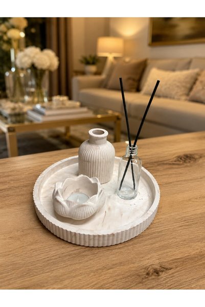 Denseden Mermer Desen Dekoratif Orta Sehpa Seti – Mumluk, Vazo ve Çubuklu Şişe | Salon & Masa & Ev Dekoru