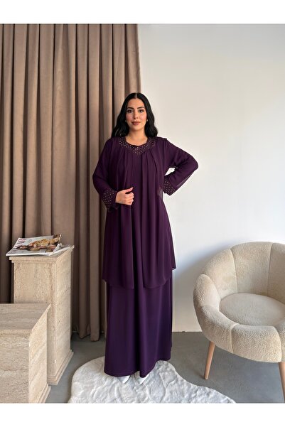 Miss Rosemoon Yeni Sezon Büyük Beden Tesettür 2’li Elbise Takım –Taş detaylı ...