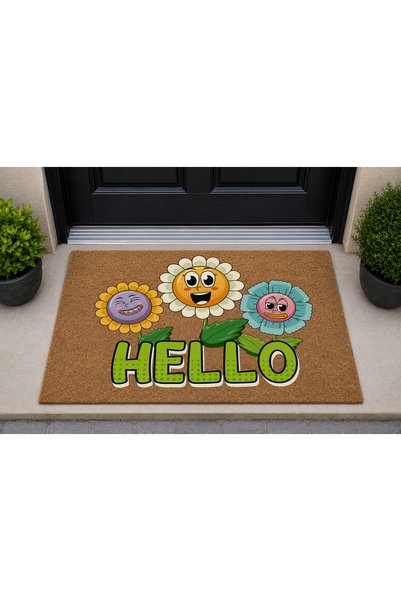 ETÜRKELİ Door Mat Non-Slip Heavy Base Smiling Daisies Hello Pattern Decorative, Easy to Clean (45X70 cm) Code T6