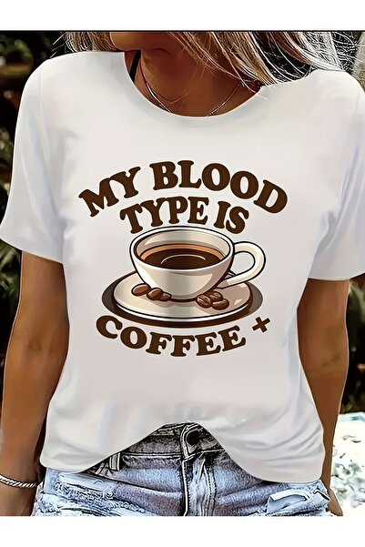 LİNA06 Coffee Print Round Neck T-Shirt, Spring/Summer Casual Short Sleeve T-S...