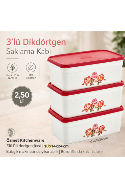 Özmet 3'lü Dikdörtgen Saklama Kabı Seti (2.50 Litre)