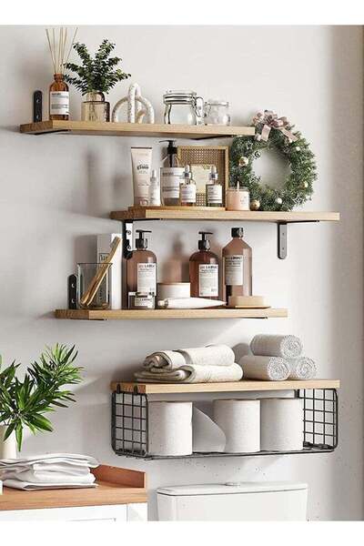 Generic CozyNest 4Pcs Floating Wall Shelves, Rustic Wood and Metal Wall-Mount...