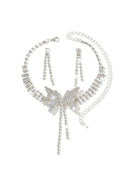 CRM Colier choker elegant cu fluturi și strasuri strălucitoare, CRM, argintiu
