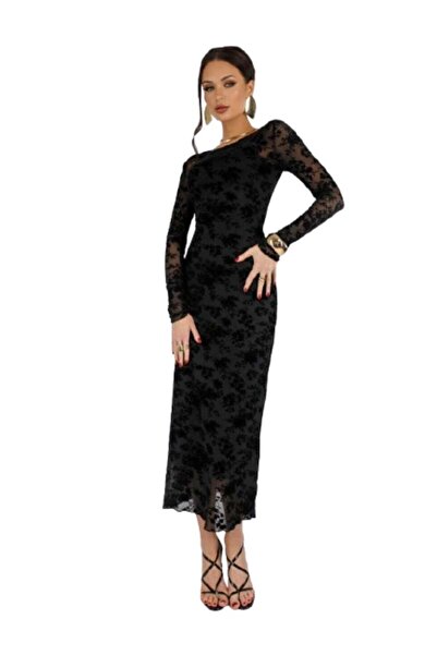 AURA Women's Velvet Floral Mesh Midi Dress – Slim Fit Sheer Tulle with Lining...