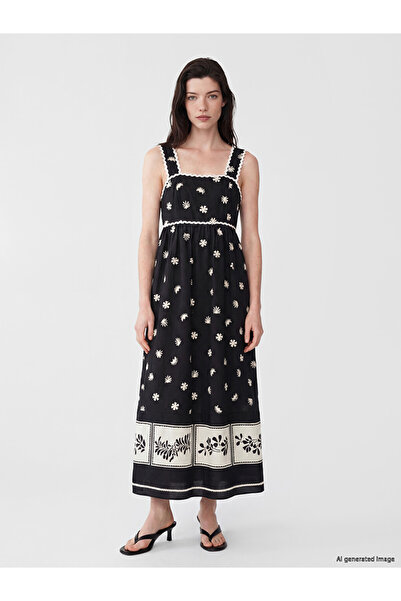 LC Waikiki Lcwaikiki Maternity Black Square Neck Embroidered Dress