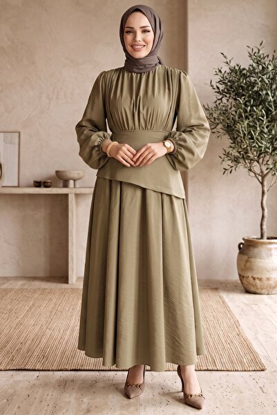 hadiora Drawstring Asymmetrical Layered Detailed Hijab Dress - Balloon Sleeve...