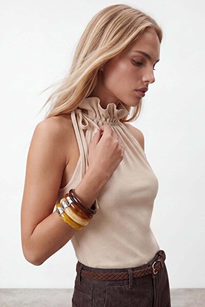 Trend Alaçatı Stili Women's Beige Gathered Neck Detailed Sleeveless Woven Pre...