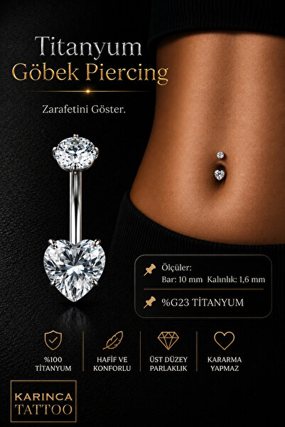 Karınca Piercing Kalp Zirkon Taşlı Titanyum Göbek Piercingi Titanium Belly Pi...