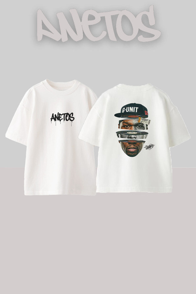 Anetos 50 Cent_66 Σχεδιαστικό εμπριμέ μπλουζάκι σε μεγάλο μέγεθος, λευκό