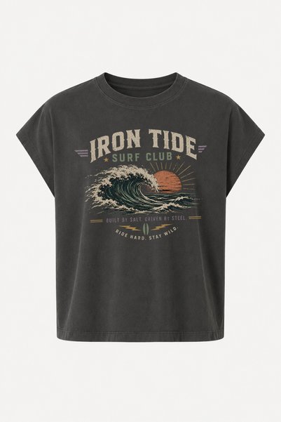 Velostra Oversize Iron Tide Printed Vintage Daily Use Street Wear Crew Neck Boxy Worker T-Shirt
