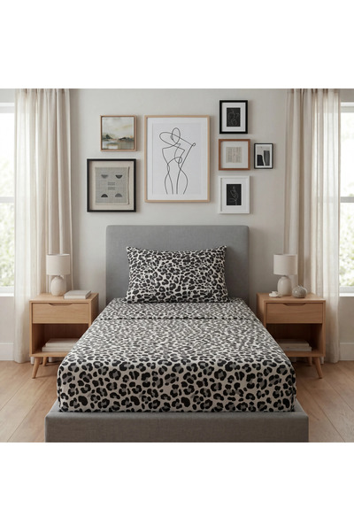 GOOD MORNİNG PAMUKKALE Single Leopard Patterned Elastic Sheet Set 100X200 + 1...