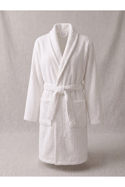 Karahanlı Home Striped Textured Triga Velvet White Bathrobe