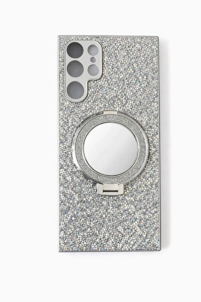 Samsung S24 Ultra ile Uyumlu Stantlı Aynalı İnce Taşlı Şık Telefon Kılıfı