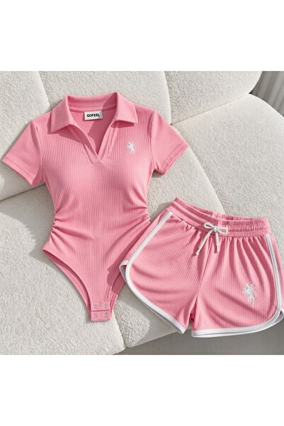 Gofeel Pembe Polo Yaka Bodysuit Bluz & Şort Takım