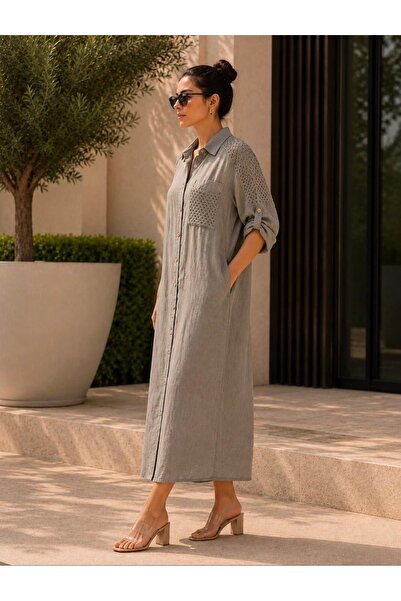 yusracollectionn Women's Italian Linen Mesh Detailed Buttoned Shirt Dress