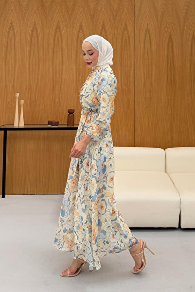 fushya design Hakim Yakalı Çiçek Desenli Elbise