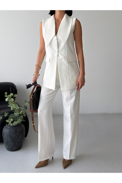 Bukamiss Set de pantaloni și vestă premium cu guler larg pentru femei - Alb