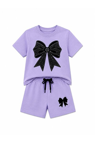 YİGİT BUTİK Set de pantaloni scurți cu imprimeu cu fundă brodată cu pietre pe...