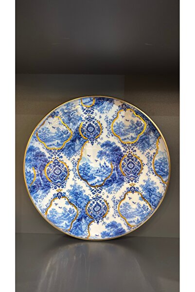 bsdartgift Vintage Dekoratif Mavi Beyaz Tepsi