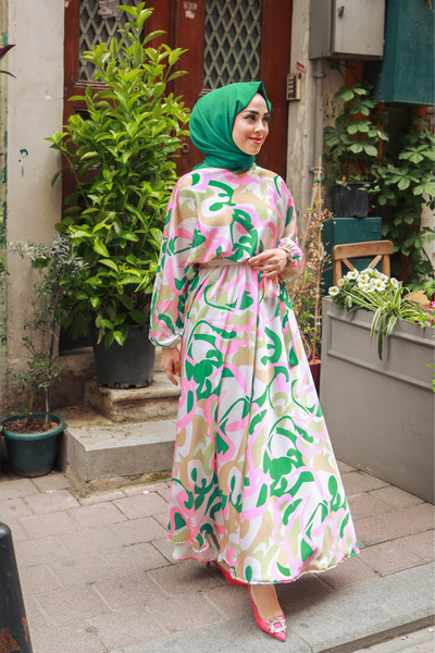 suffemoda Patterned Satin Women's Hijab Dress with Elastic Waistband and Belt...